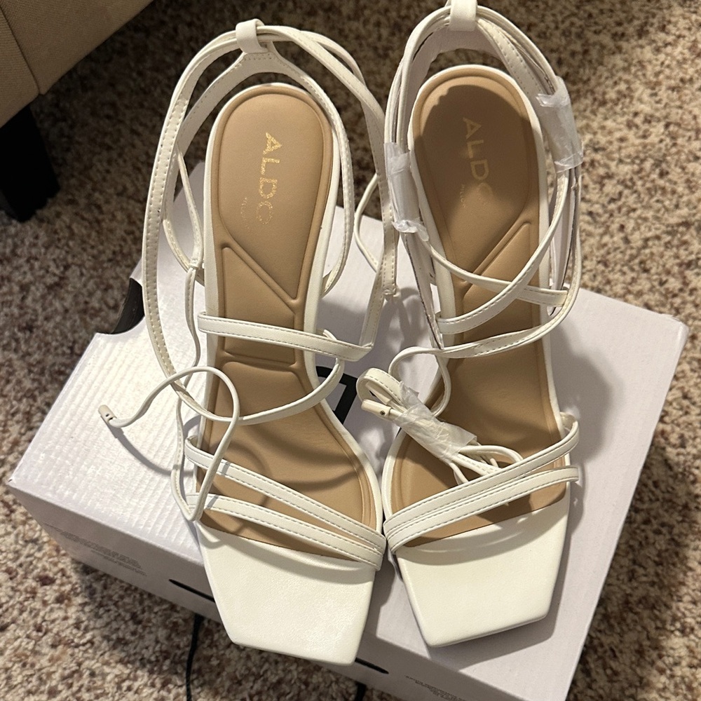 ALDO White Strappy Lace-Up Square Toe Heels